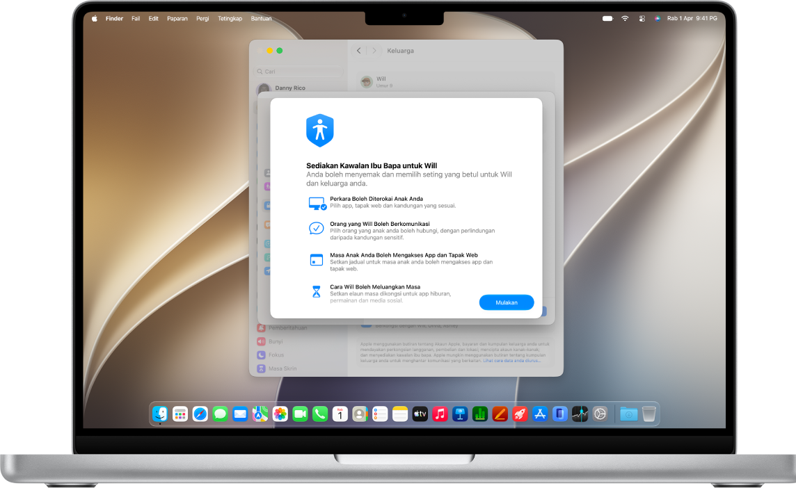 MacBook menunjukkan pilihan untuk menyediakan kawalan ibu bapa untuk anak.