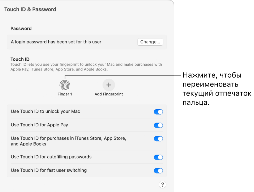 Панель настроек «Touch&nbsp;ID и&nbsp;код‑пароль» с&nbsp;готовым отпечатком, который можно использовать для&nbsp;разблокирования Mac.