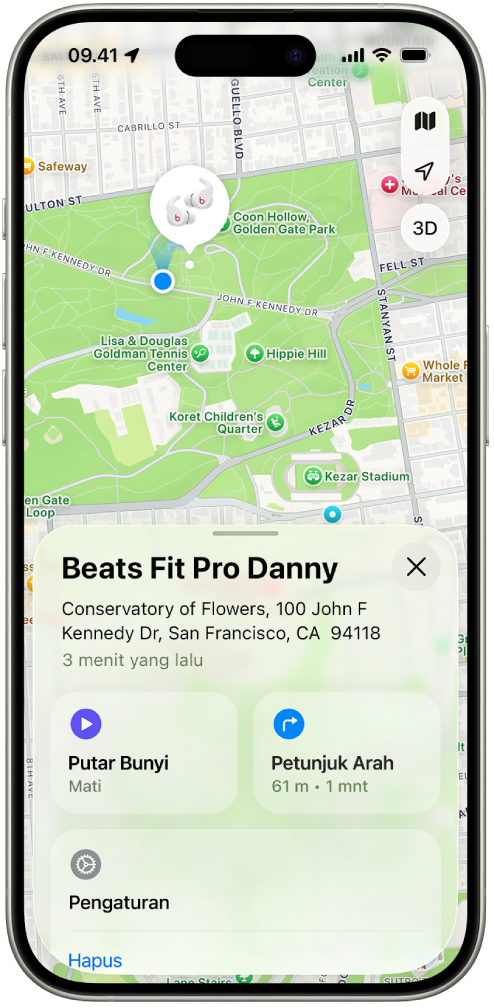 Layar app Lacak di iPhone yang menampilkan lokasi Beats Fit Pro di peta San Francisco.