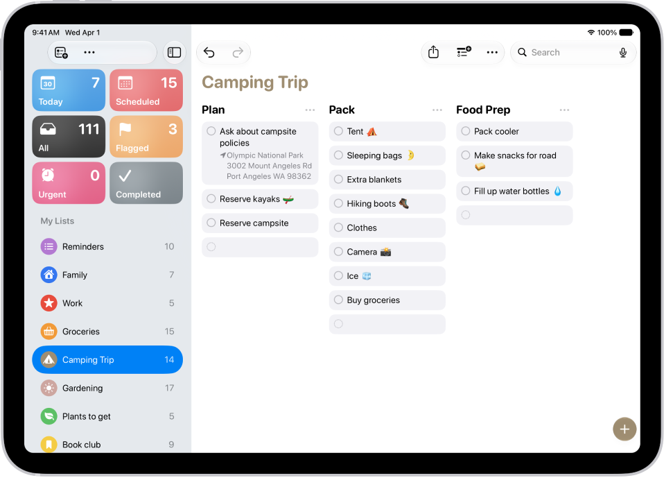 The Reminders app showing a camping trip list with the categories organized as columns.