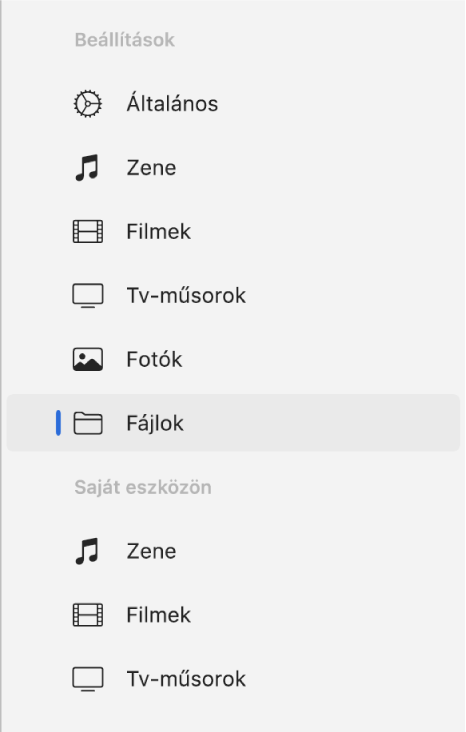 Az oldalsáv a kijelölt Fájlok elemmel.