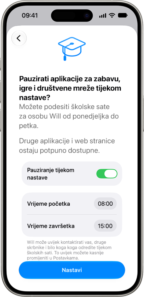 Zaslon za podešavanje roditeljskih kontrola prikazuje sate u kojima bi se korištenje uređaja trebalo pauzirati tijekom školskih sati.