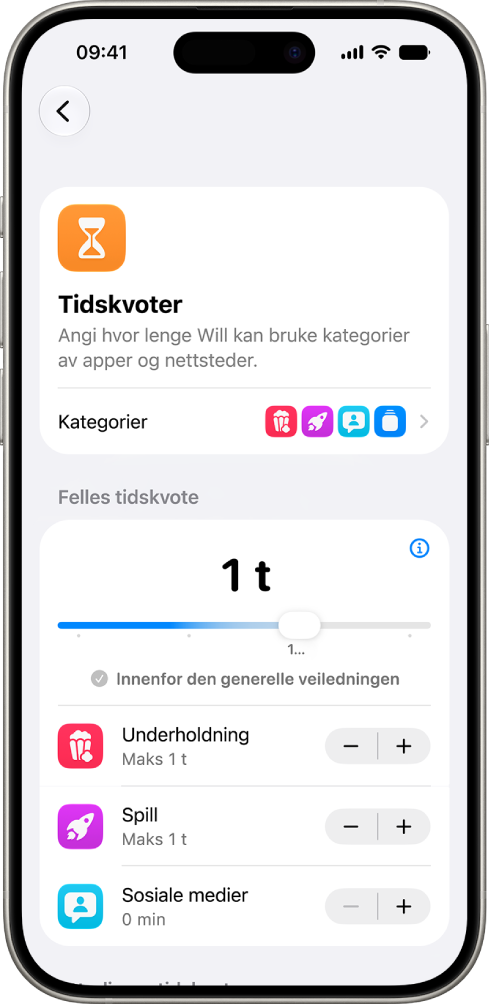 Tidskvoter-skjermen i Skjermtid-innstillingene viser hvor mye tid som er tillatt for underholdning, spill og sosiale medier.