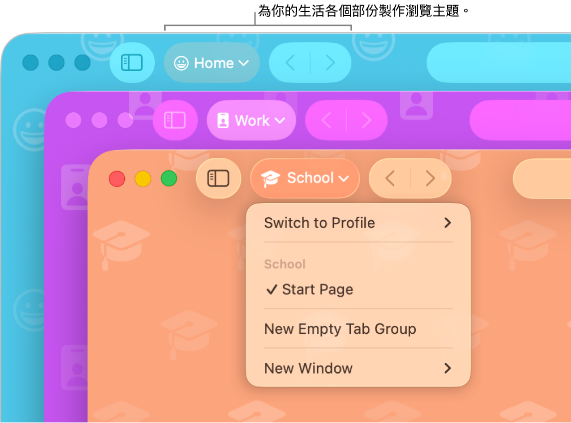 三個 Safari 瀏覽主題視窗：分別用於個人使用、工作和學校。