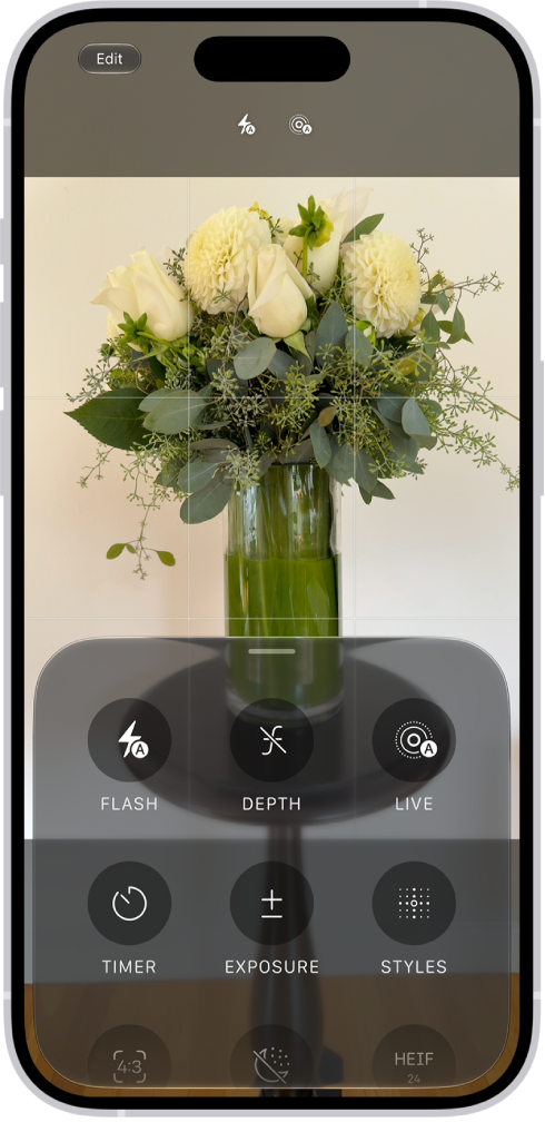 Camera is open in Photo mode. At the bottom of the screen are buttons for the following camera controls: Flash, Depth, Live, Timer, Exposure, and Styles.