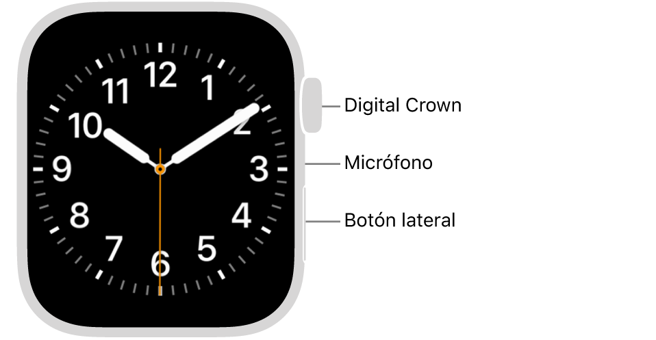 En el frente del Apple&nbsp;Watch Series&nbsp;9, se muestra la pantalla con la carátula y, en orden descendente en un lado del reloj, se ve la Digital&nbsp;Crown, el micrófono y el botón lateral.
