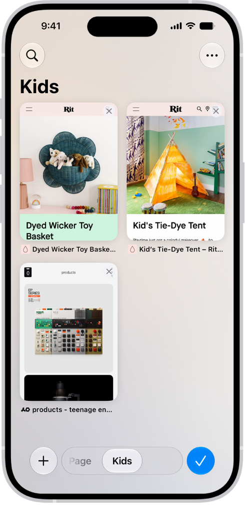 Previews of three open tabs in a Tab Group called Kids are visible on the screen.
