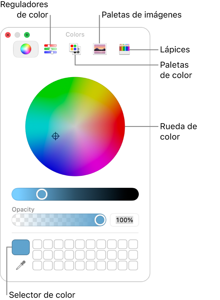 La ventana Colores. La barra de herramientas, que muestra los botones de los reguladores de color, las paletas de color, las paletas de imágenes y los lápices, se encuentra en la parte superior de la ventana. A mitad de ventana se encuentra la rueda de color. La paleta de colores está abajo a la izquierda.