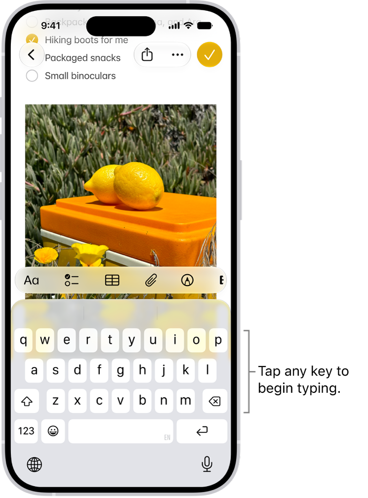 A document is open in the Notes app. The onscreen keyboard is in the bottom half of the screen.
