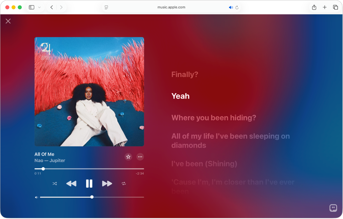 The Full Screen Player with a song playing and lyrics on the right, which appear onscreen in time with the music.