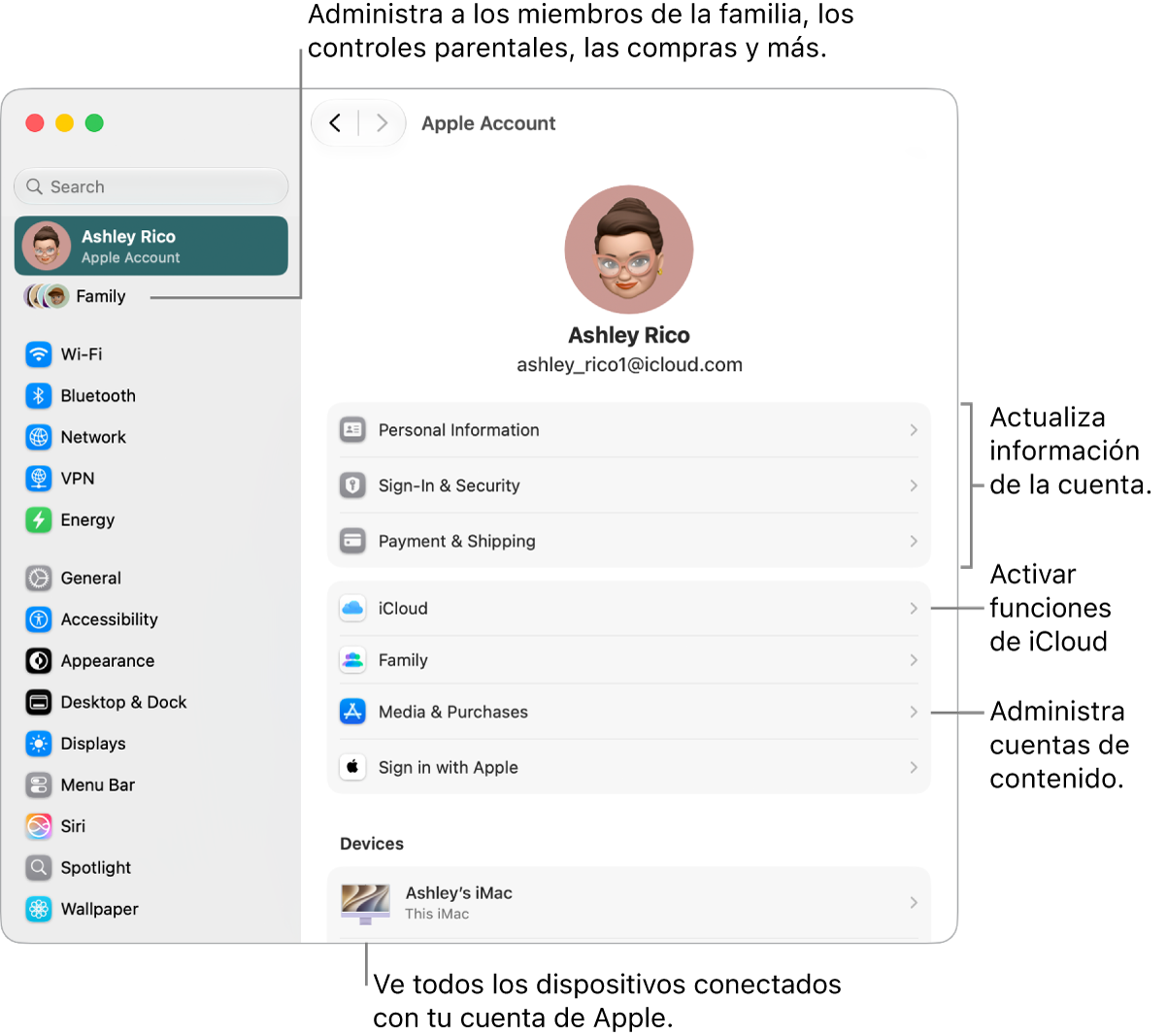 La configuración de la cuenta de Apple en Configuración del Sistema con opciones para actualizar la información de la cuenta, activar o desactivar las funciones de iCloud, administrar las cuentas de contenido, y ajustar la configuración de Familia, donde se pueden administrar familiares, controles parentales, compras y más.