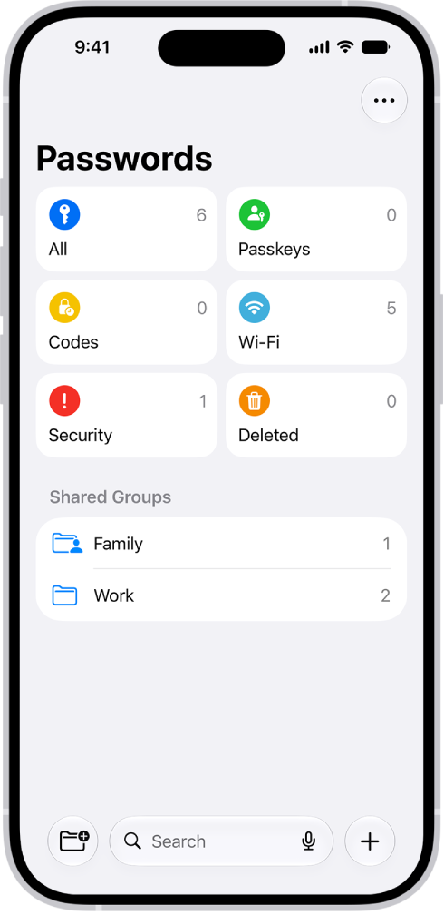 The Home Screen for the Passwords app, with buttons for All, Passkeys, Verification Codes, W-Fi, Security, and Deleted, along with a list of Shared Groups.