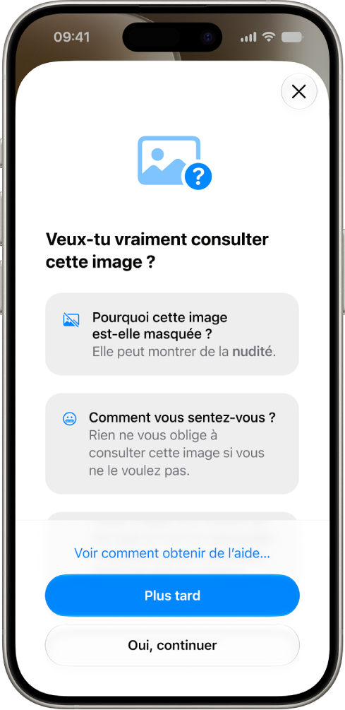 L’écran «&nbsp;Sécurité des communications&nbsp;» affichant un avertissement indiquant qu’une image peut contenir des contenus sensibles, avec des options pour obtenir de l’aide.