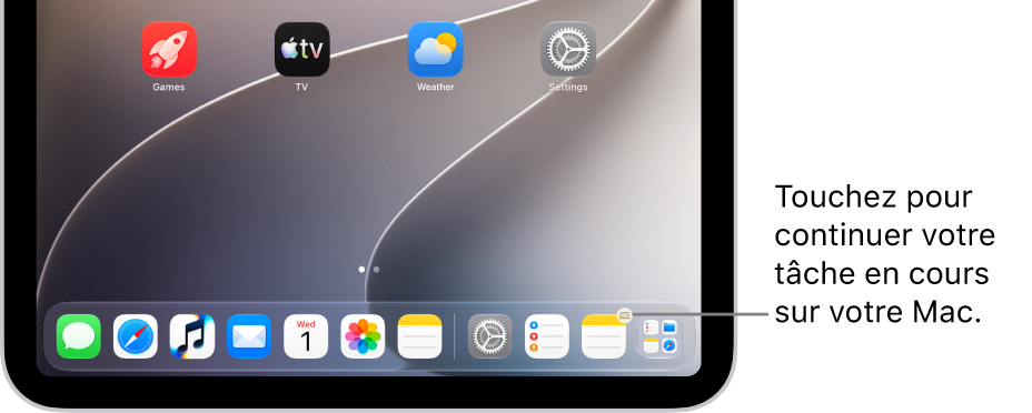 L’icône Handoff est visible dans le Dock d’un iPad.