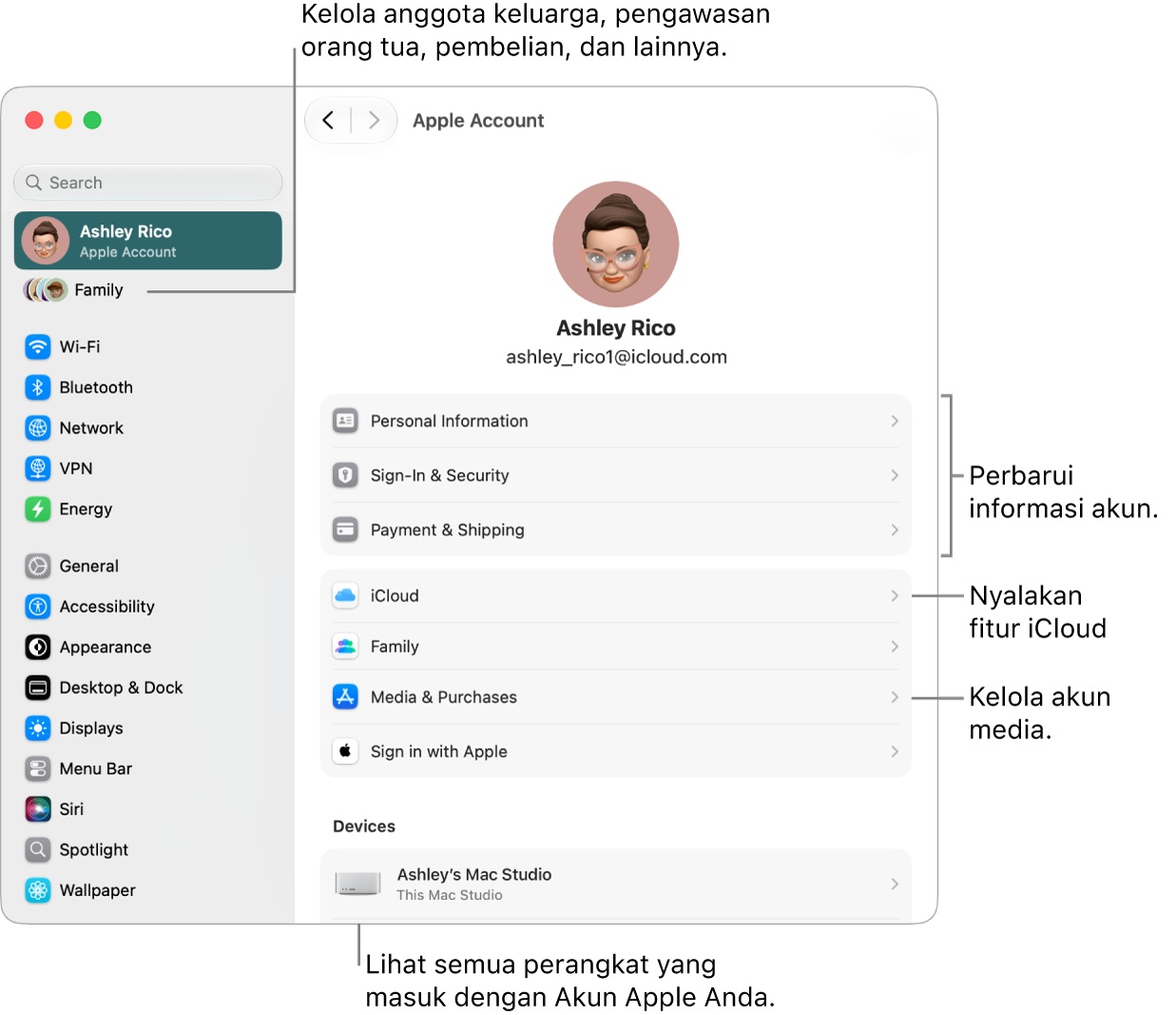 Pengaturan Akun Apple di Pengaturan Sistem dengan keterangan untuk memperbarui informasi akun, menyalakan atau mematikan fitur iCloud, mengelola akun media, dan menyesuaikan pengaturan Keluarga, tempat Anda dapat mengelola anggota keluarga, pengawasan orang tua, pembelian, dan lainnya.