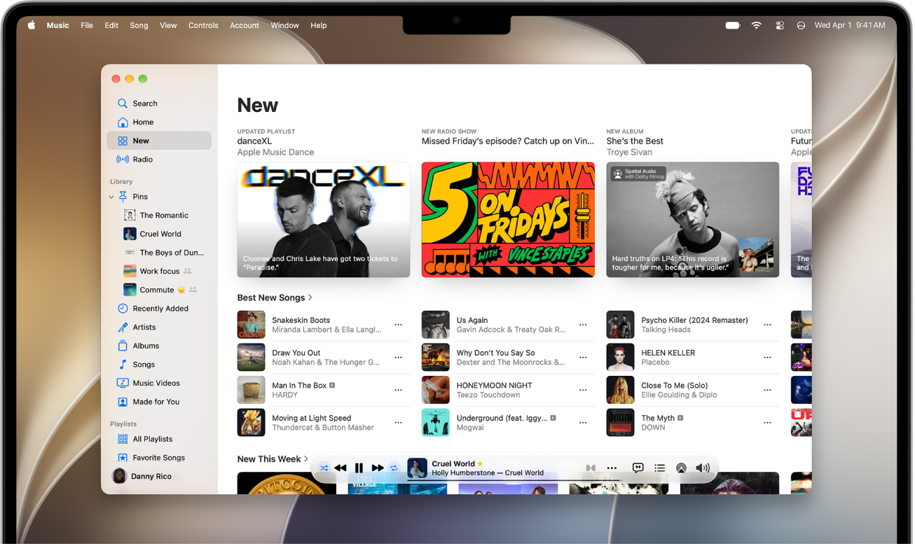 The Apple Music window showing the latest songs and soundtracks.
