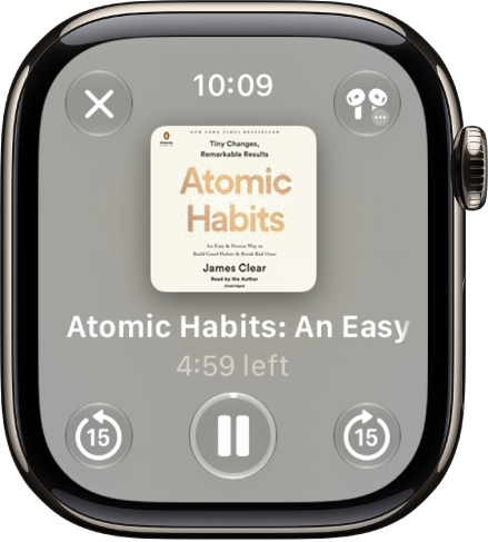 The Play screen for an audiobook. The Close button is at the top left, the More button at the top right, the skip back 15 seconds button at the bottom left, the Play/Pause button at the bottom middle, and the skip ahead 15 seconds button at the bottom right. In the middle is the book art, chapter number, and remaining time in the chapter.
