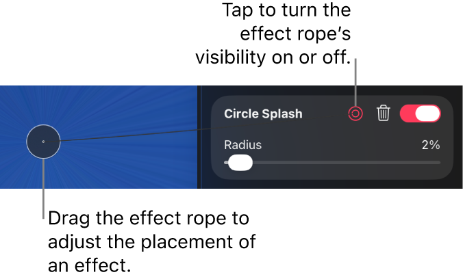 An effects rope shown in the canvas, alongside its activation button in the Effects pane.