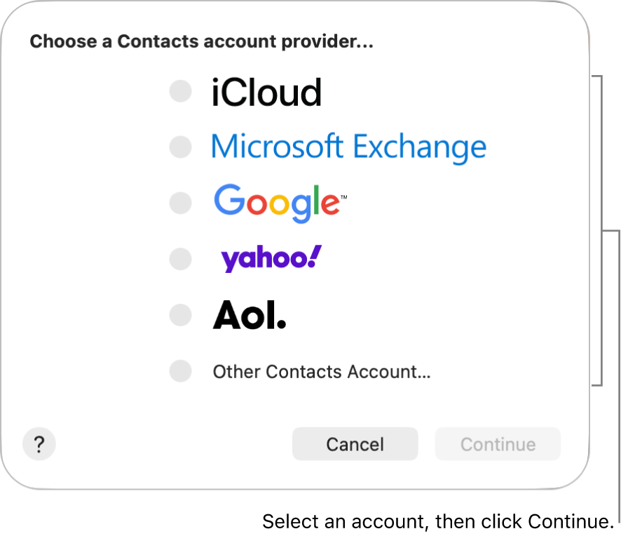 The dialog for choosing a Contacts account provider, with options such as iCloud, Google, and Yahoo.