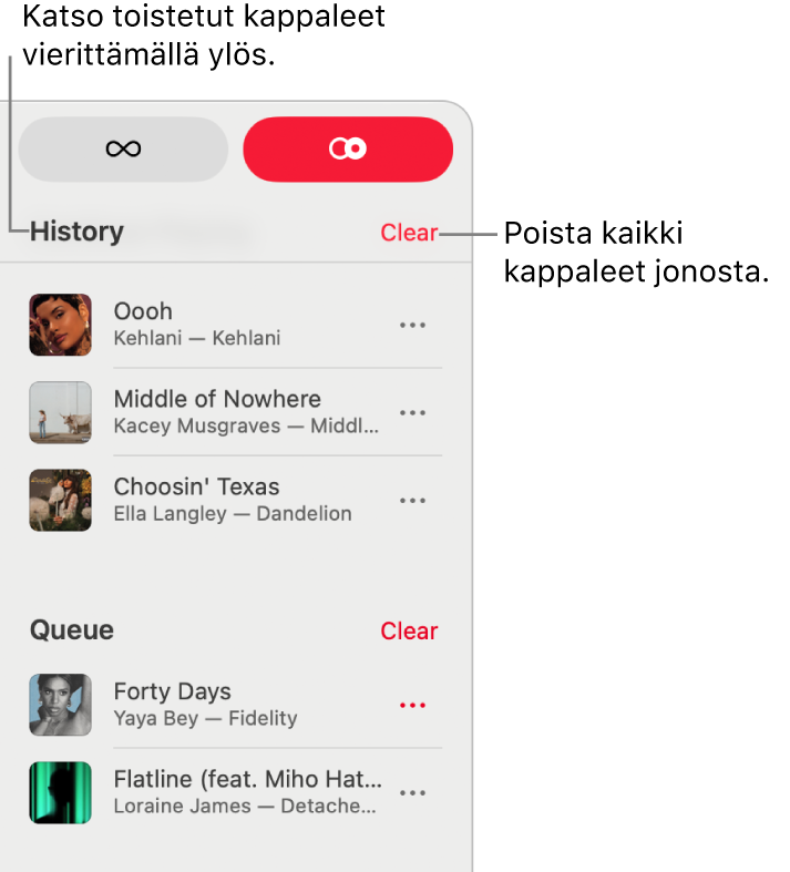 Jono näkyy Apple&nbsp;Musicin oikeassa yläkulmassa. Historia‑ ja Jono-osiot tulevat näkyviin.