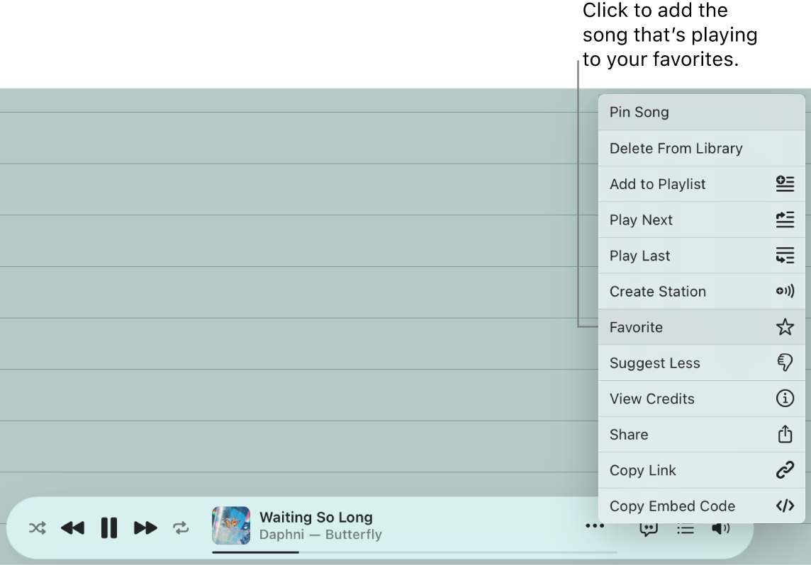 A song is playing in Apple Music. A shortcut menu shows options for making the song a favorite.