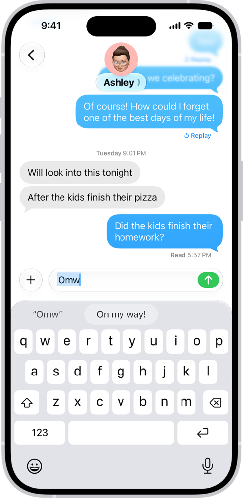A message with the text shortcut “Omw” typed and the phrase “On my way!” suggested below as replacement text.