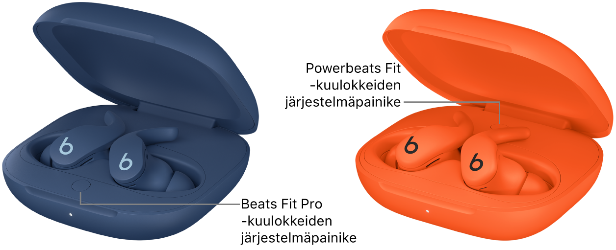 Beats&nbsp;Fit&nbsp;Pro‑ ja Powerbeats&nbsp;Fit ‑kuulokkeiden järjestelmäpainike latauskotelossa.
