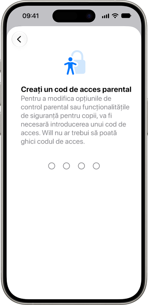 Ecranul de configurare a controalelor parentale afișând opțiunea de a crea un cod de acces pentru „Timp de utilizare”.