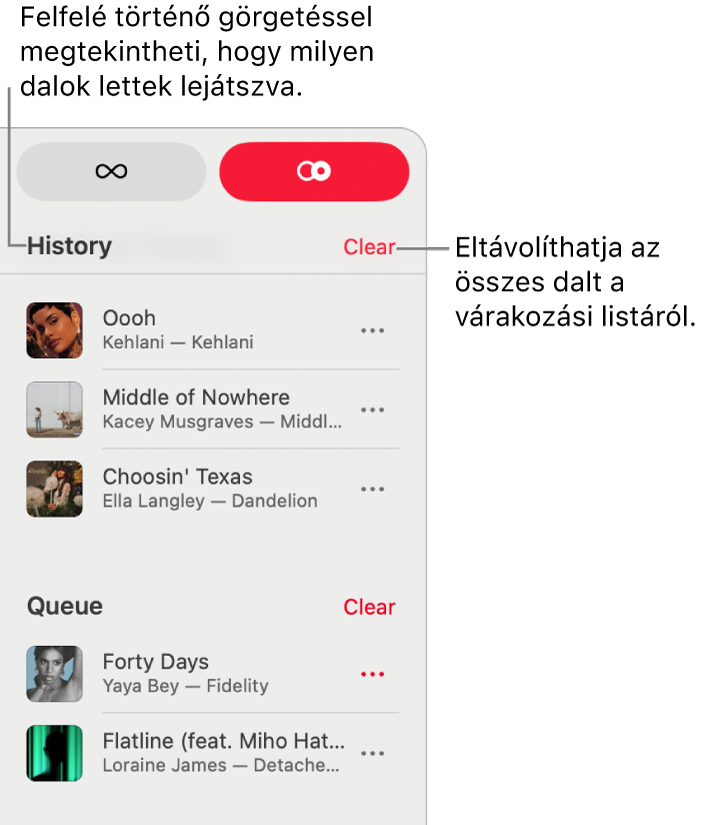 A lejátszási sor a jobb felső sarokban látható az Apple&nbsp;Musicban. Megjelenik az Előzmények és a Lejátszási sor szakasz.
