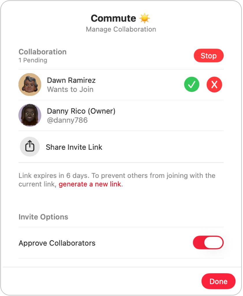 The Manage Collaboration dialog.