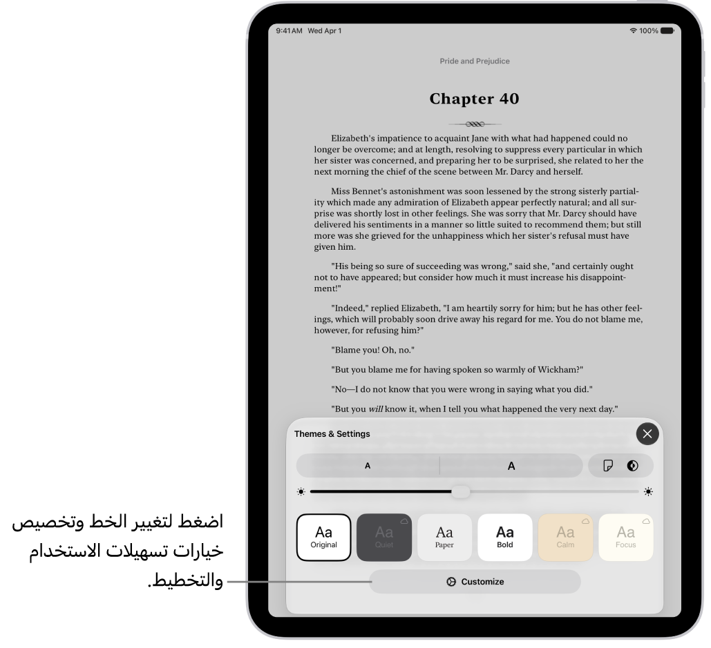 صفحة من كتاب في تطبيق الكتب. خيارات السمات والإعدادات تعرض عناصر التحكم في حجم الخط وطريقة عرض التمرير ونمط قلب الصفحة والسطوع وأنماط الخط.