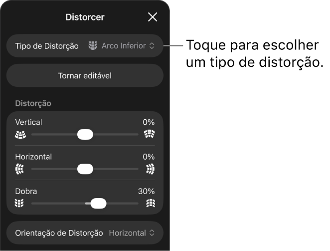 O painel Distorcer mostrando tipos de distorção e controles deslizantes.