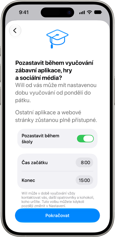 Obrazovka nastavení rodičovského dohledu s&nbsp;časy, během kterých má být používání zařízení v čase školní výuky pozastaveno.