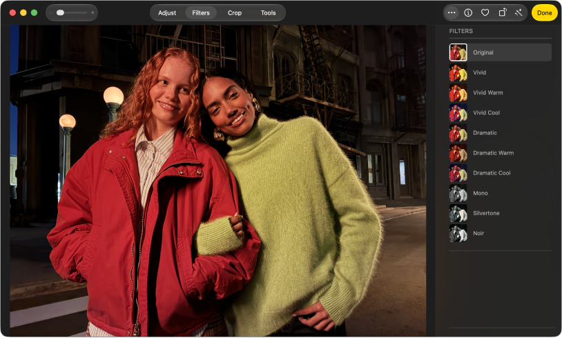 A photo in editing view, with Adjust selected in the toolbar and adjustment tools on the right.
