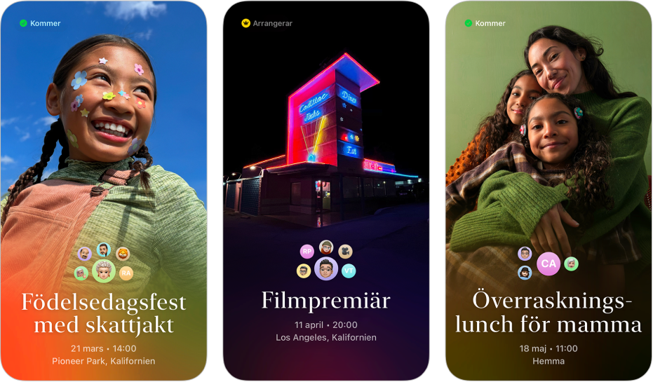 Tre inbjudningar från Apple-inbjudningar. Var och en har bakgrundsbild, namn, datum, tid och plats.