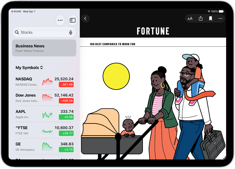 مقال متعلق بالأعمال من Apple&nbsp;News في تطبيق الأسهم. في الزاوية العلوية اليمنى من المقال، يوجد زر رجوع للعودة إلى المقالات المقترحة الأخرى. في الزاوية العلوية اليسرى توجد أزرار حجم النص ومشاركة وحفظ والمزيد من الإجراءات.