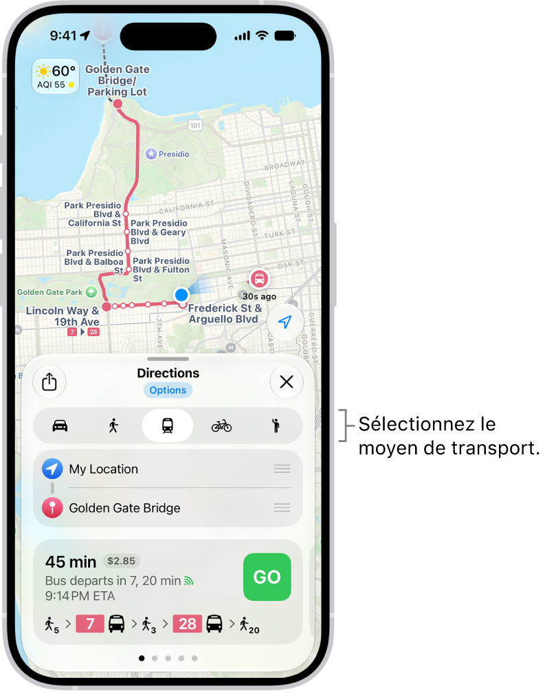 Plan affichant plusieurs options d’itinéraire entre deux lieux, ainsi que des boutons permettant de choisir d’autres moyens de transport, d’intervertir le point de départ et la destination, et d’afficher les instructions d’un itinéraire sous forme d’étapes à suivre.