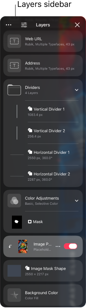 The Layers sidebar showing folders, text layers, shape layers, and a color adjustment layer and mask layer. 