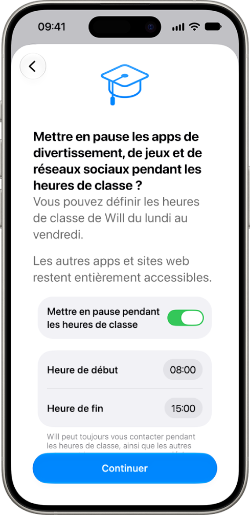 L’écran de configuration du contrôle parental affichant les heures pendant lesquelles l’utilisation de l’appareil doit être mise en pause pendant les heures d’école.