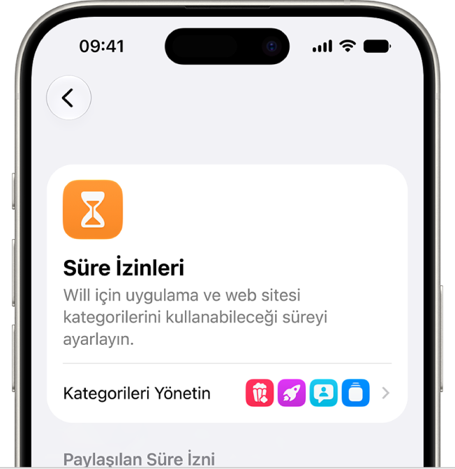 Süre İzinleri Ekran Süresi ayarları bölümü.
