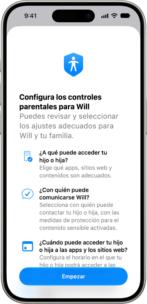 La pantalla de configuración de los controles parentales con opciones para empezar.