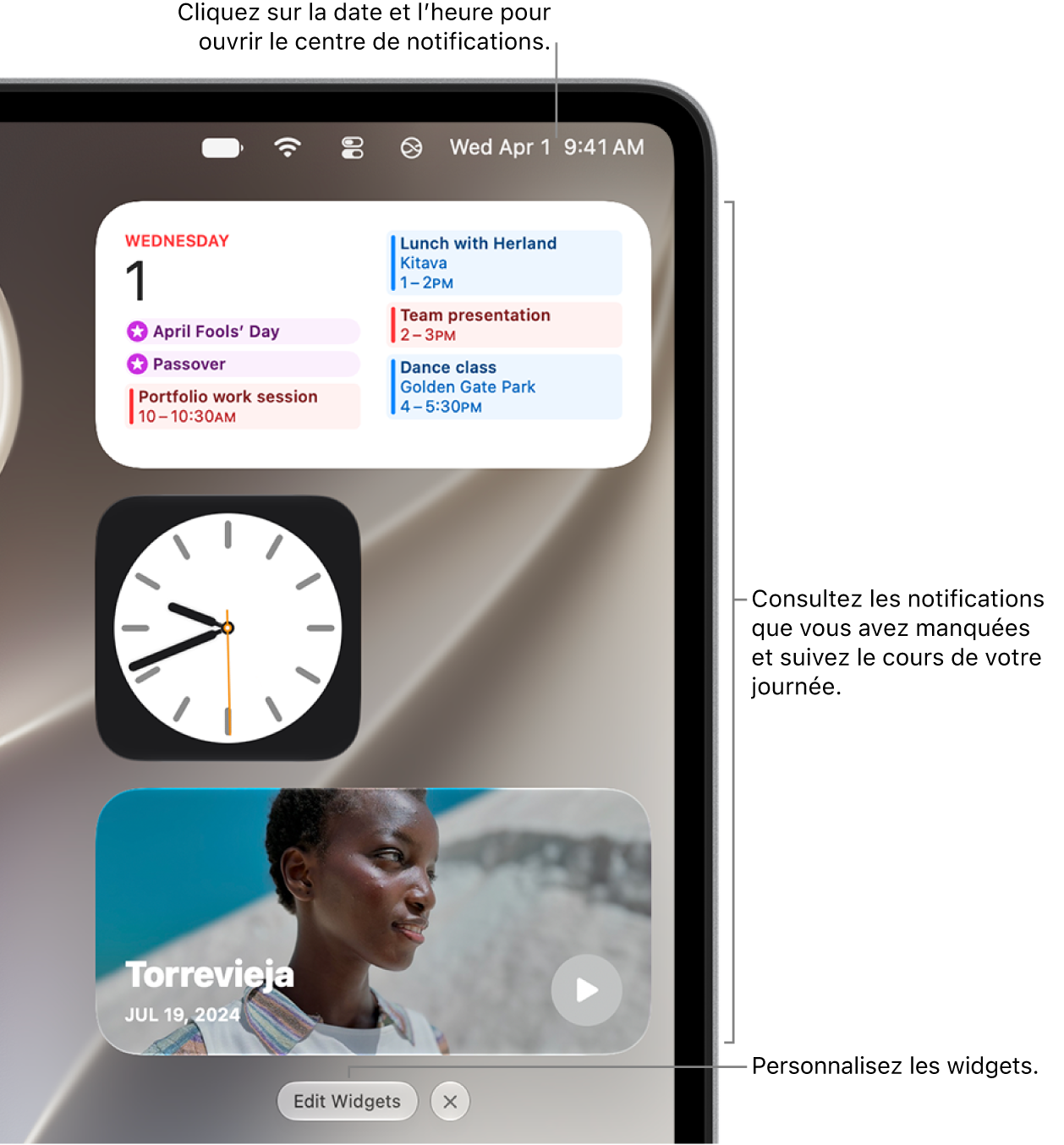 Le centre de notifications avec des widgets Calendrier, Horloge et Photo.