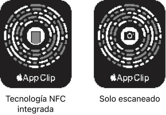 A la izquierda, un código de clip de app con etiqueta NFC integrada y con el icono de un iPhone en el centro. A la derecha, un código de clip de app para escanear con el icono de una cámara en el centro.