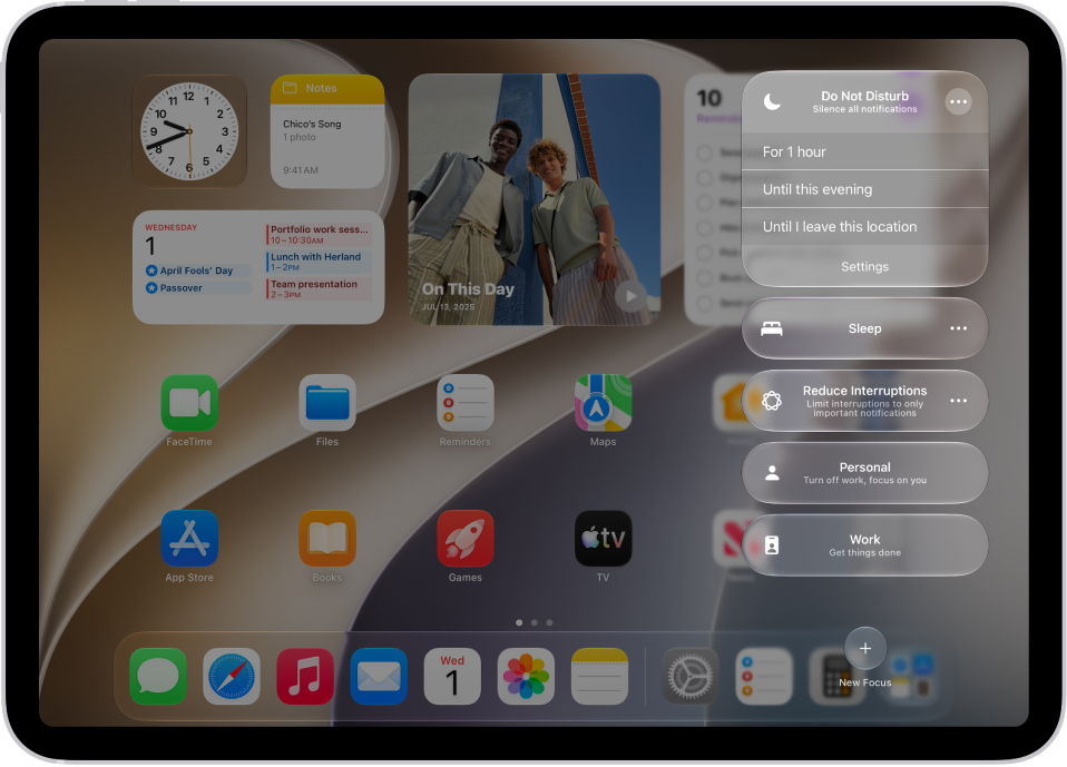 Control Center showing options for how long to leave on Do Not Disturb—the options are “For 1 hour,” “Until this evening,” “Until I leave this location,” and “Until the end of this event.”