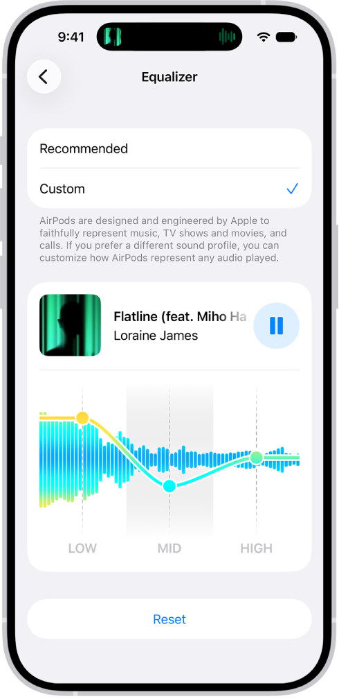 iPhone screen showing Equalizer set to Custom, with Low, Mid, and High sliders below.