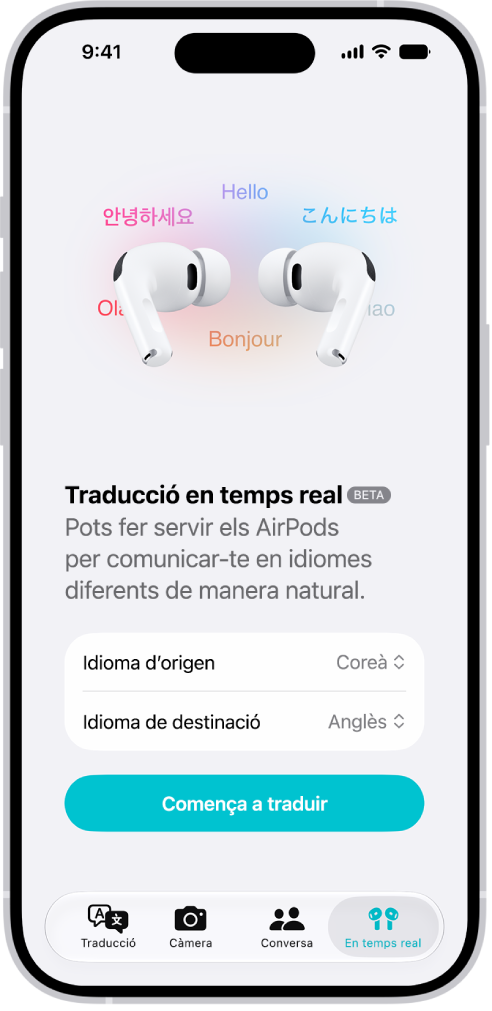 A l’app Traducció de l’iPhone es mostra la pantalla de traducció en temps real. A la pantalla es mostren dos menús desplegables per seleccionar l’idioma de l’altra persona i el teu idioma, i un botó per iniciar la traducció en temps real.