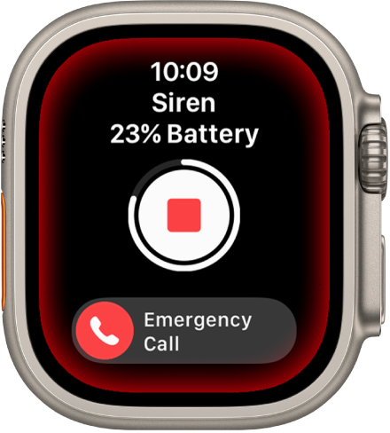Sirene die aftelt. Bovenin zie je de batterijlading, in het midden een afspeelknop en onderin de schuifknop 'Noodoproep'.