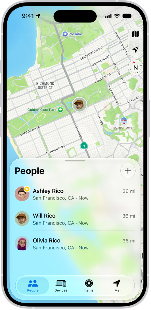 The Find My app showing locations of family members on a map.