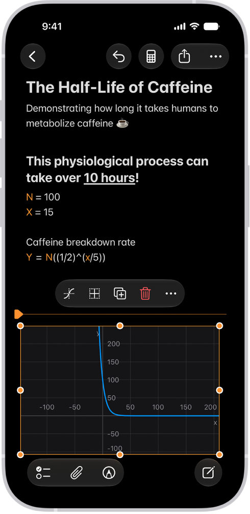 A Math Note open in Calculator, with a declared variable, an equation, and a graph.
