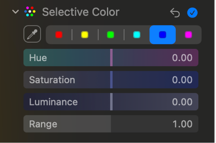 The Selective Color controls in the Adjust pane, showing the Hue, Saturation, Luminance, and Range sliders.